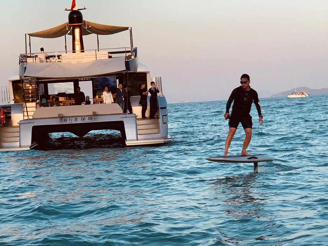 a man ride a waydoo eletric hydrofoil on the sea